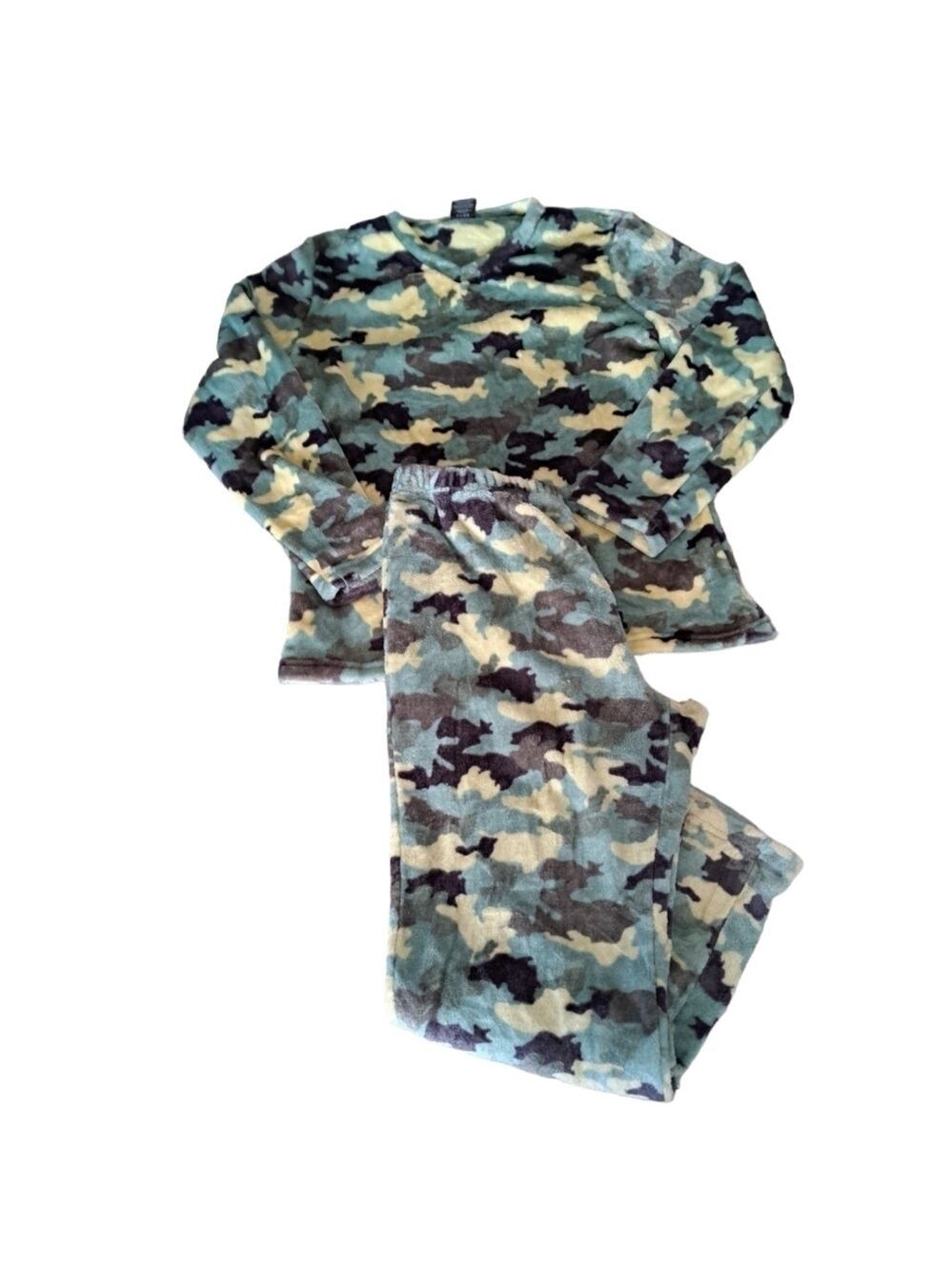 Donna Loren Green Camo ultra soft Fleece plush Pajamas pants top ladies LG